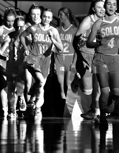 The Lady Spartans take the floor for the second half of the Class 3A Championship Game Friday, March 1, 2024, at Wells Fargo Arena in Des Moines. Solon defeated Estherville-Lincoln Central 54-47 for their first 3A State Championship, and the first since 1998 (2A).